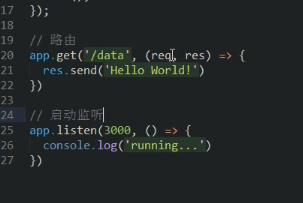 機器產生的替代文字: express -  require( ' express )  4  Il  19  Iconst  const  const  app - express()  bodyParser  require( 'body-parser')  OPTIONS ' ) ;  app _ use(express _ static( 'public' ) )  app _ use(bmiyparser . j son());  app _ use(bcniyparser extended: false D);  app _ all ( •  function (req. res. next)  res . header ("Access -Control -Al low -Origin" ,  res _ header( ' Access -Control -Al '  res . header ("Access-Control -Al low -Headers"  res . header( ' Access-control -Allow-Headers' ,  next();  app _ get( ' 'data', (req. res)  res. send( 'Hello World!  app _ ( )  console. log( ' running..  'PUT, GET, POST, DELETE,  "X -Requested-With");  'Content-Type • ) ; 